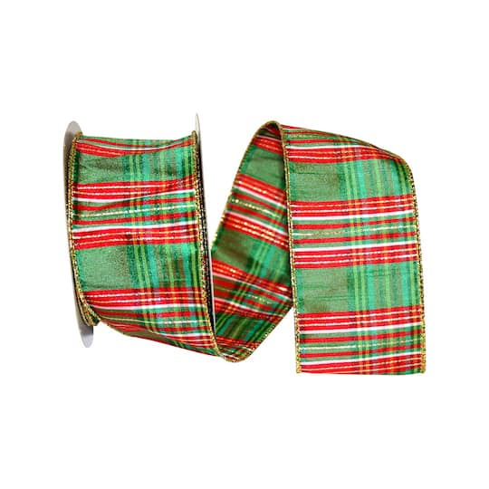 JAM Paper 2.5" x 10yd. Primary Metallic Wired Plaid Dupioni Ribbon